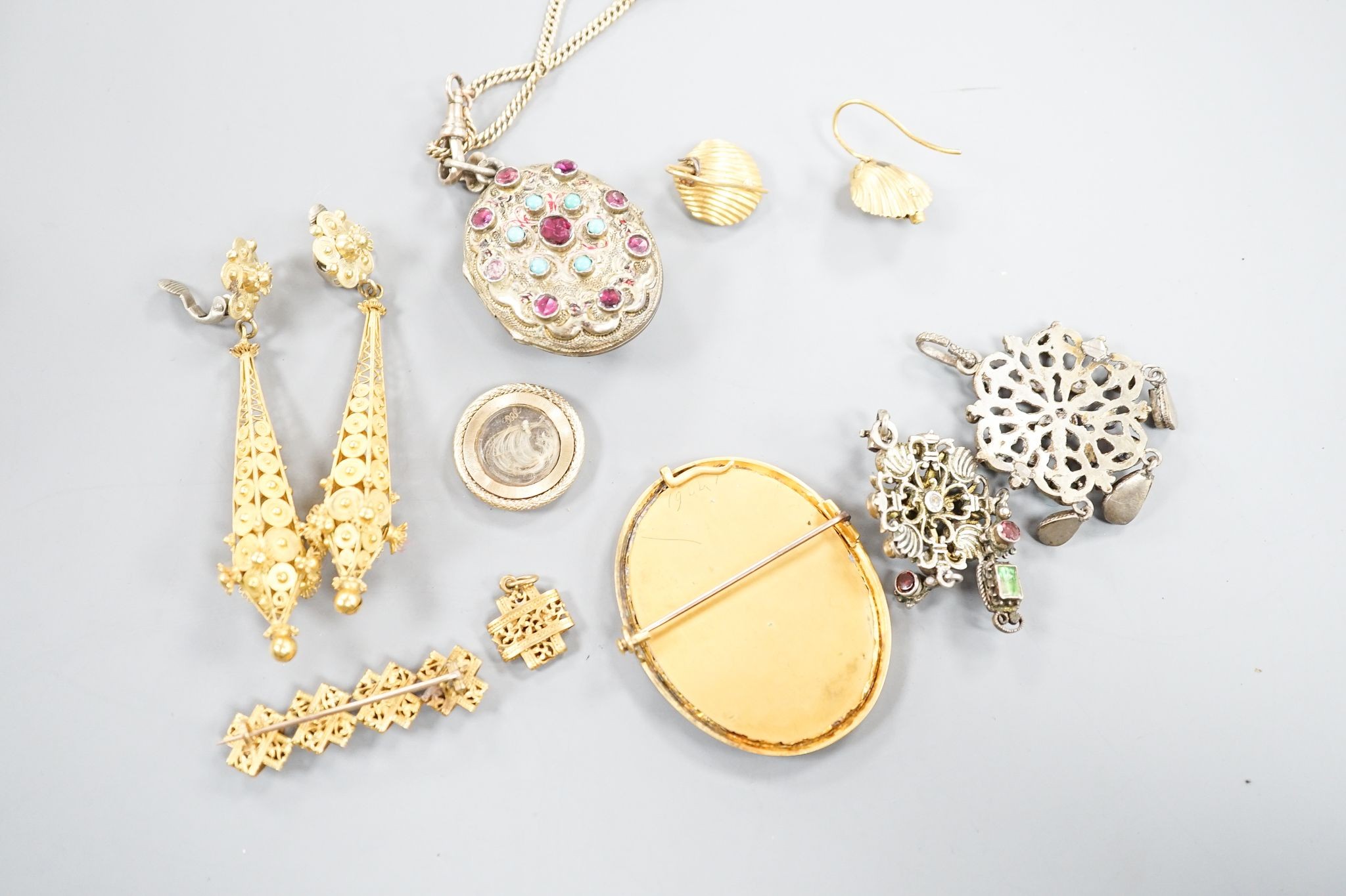 Mixed Victorian and later jewellery, including a pair of yellow metal cannettile work drop ear clips, overall 75mm, gross 12 grams (adapted), paste set locket and pendants, a William IV mourning pendant(a.f.),pair of yel